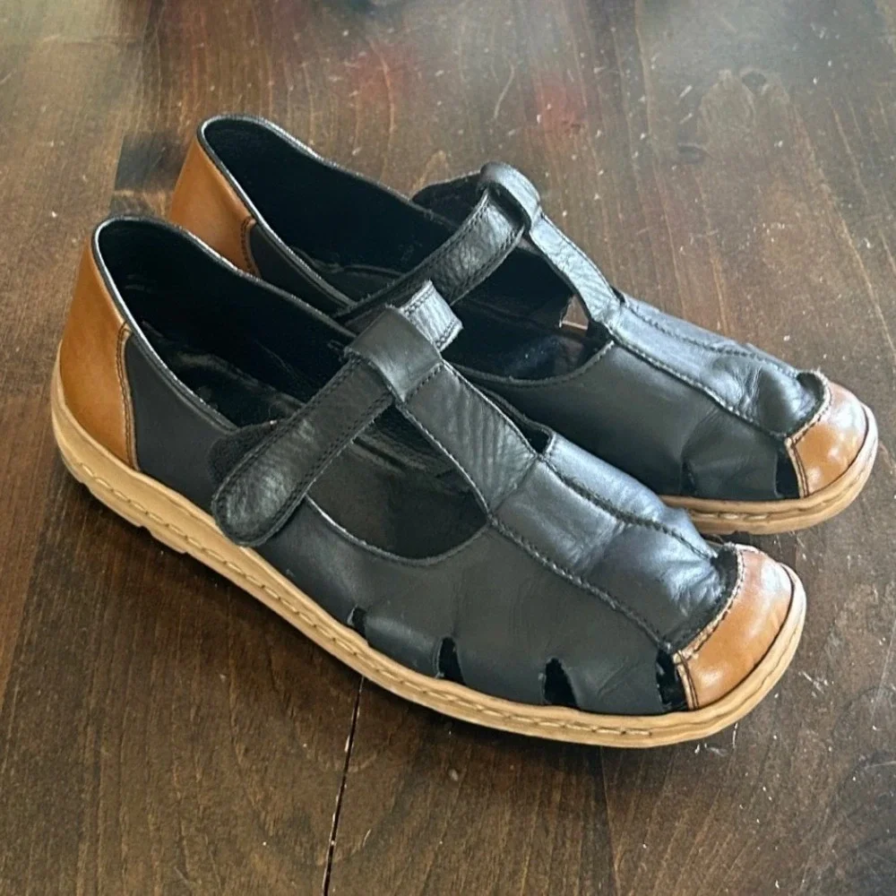 Rieker Mary Jane Flats 40 Black Tan Leather Antistress T-Strap Comfort Lagenlook